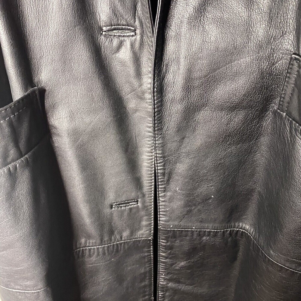 Vtg 80s EXPRESS Black Over Coat Long Trench Leather Jacket SZ ? Large Women - Picture 9 of 14
